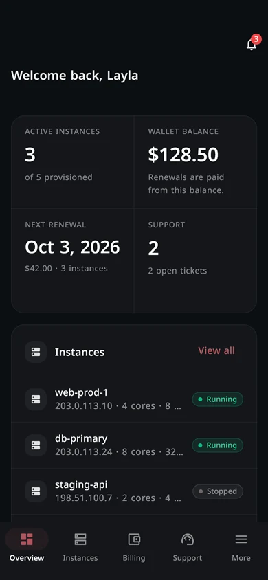 Evorxa app overview screen with instances, wallet and next renewal
